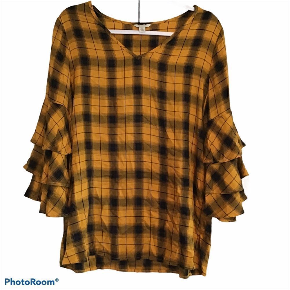 Cato EST 1946 Plaid Ruffle Bell Sleeve Tunic Top